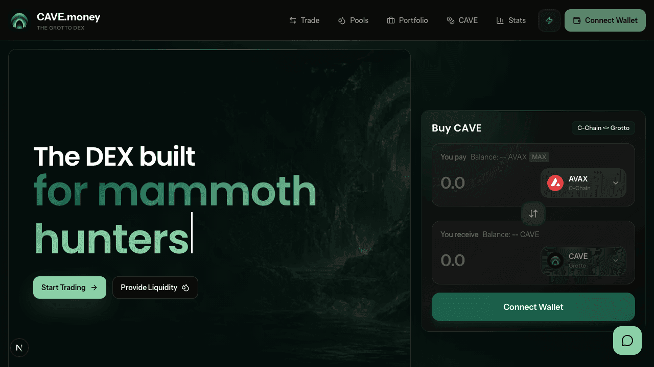 CAVE.money homepage showing the refreshed hero and Buy CAVE widget.